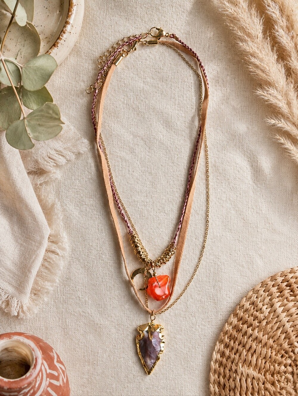 Carnelian Arrowhead Pendant Layered Necklace Set Boho Chic Gold Tone Artisan 2p